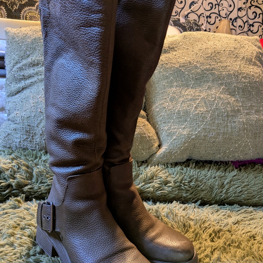 Deep Olive Pebbled Knee-High  Military Style Leather Boots